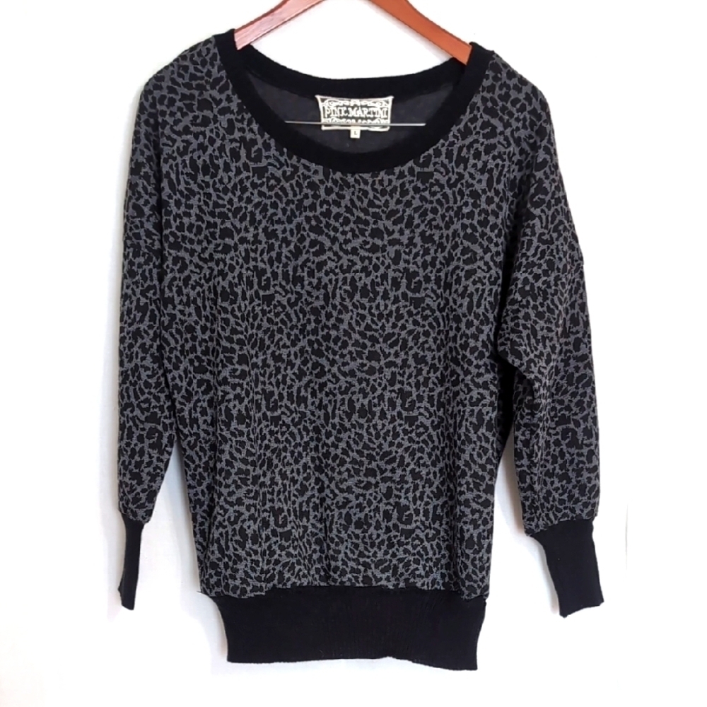 Pink Martini Gray and Black Leopard Print Crewneck Sweater Size Large